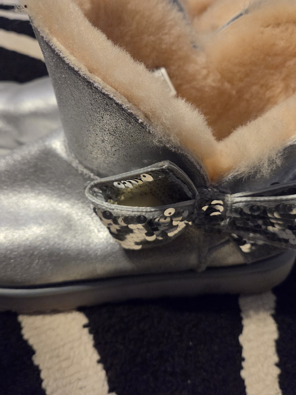 UGG Womens Metallic Silver Sequin Bow Shearling Boots